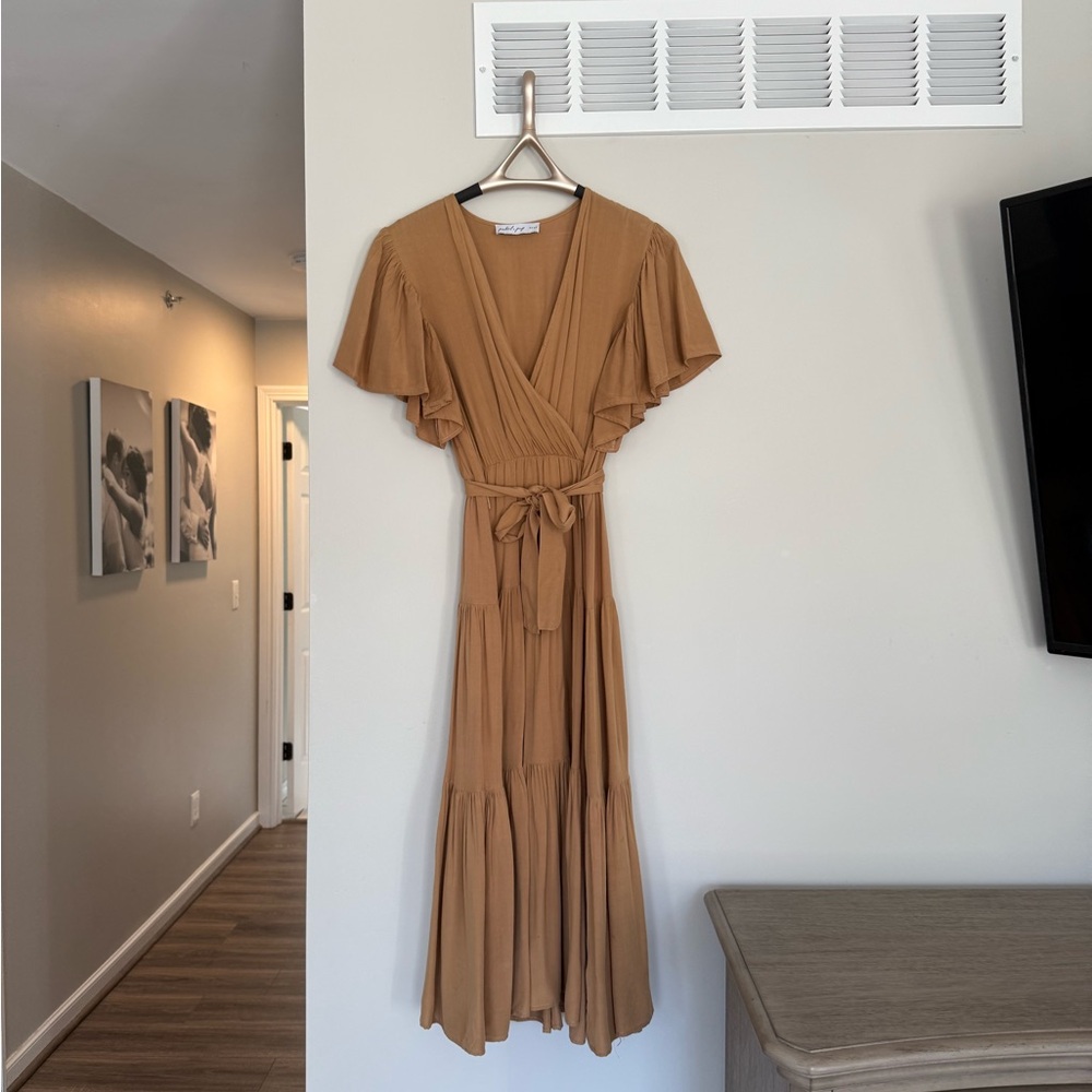Petal & Pup Tan Midi Sundress with Flutter Sleeves